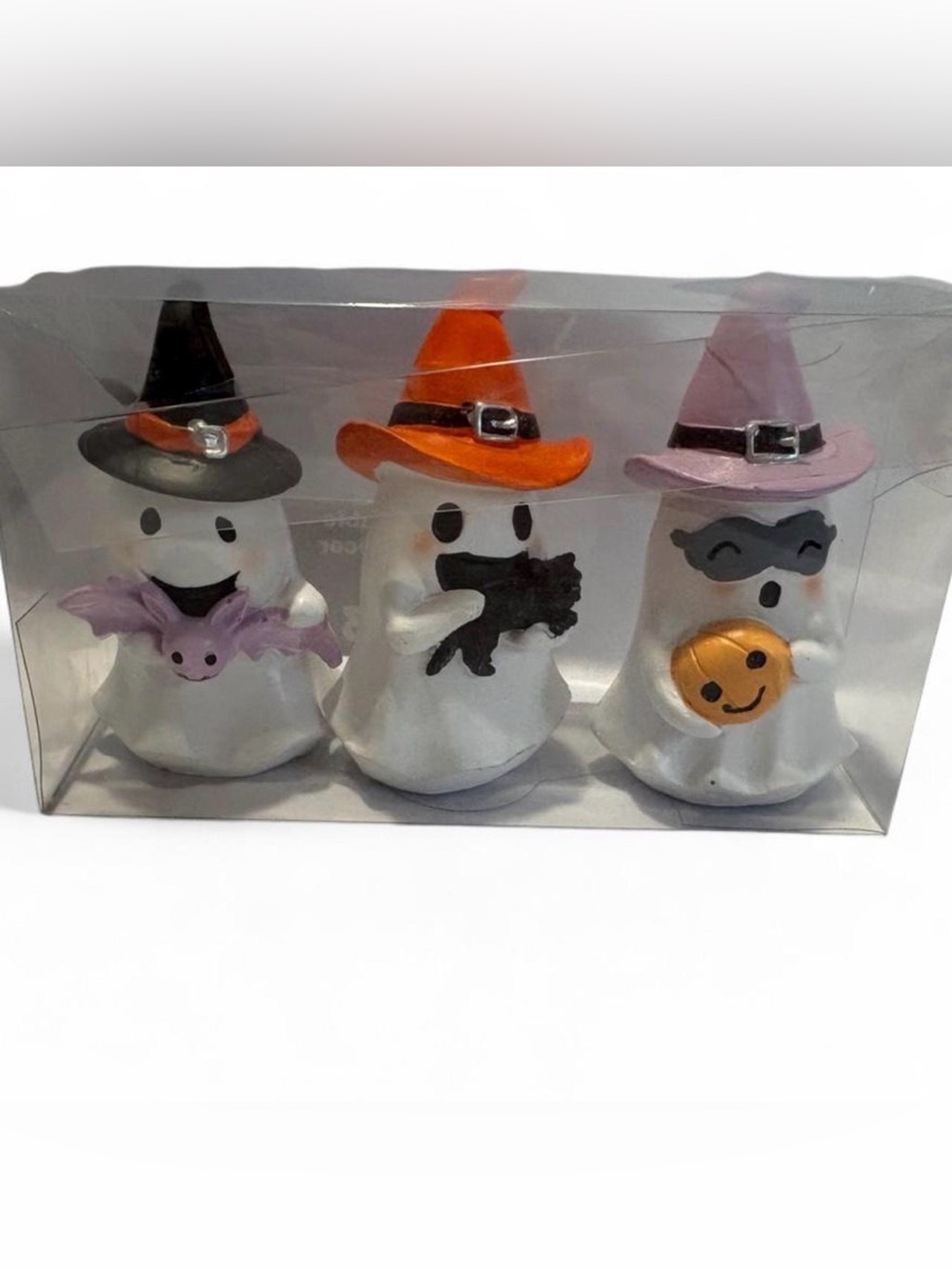 Triple Halloween Ghost Figurine Set with Orange, Purple, and Black Hats